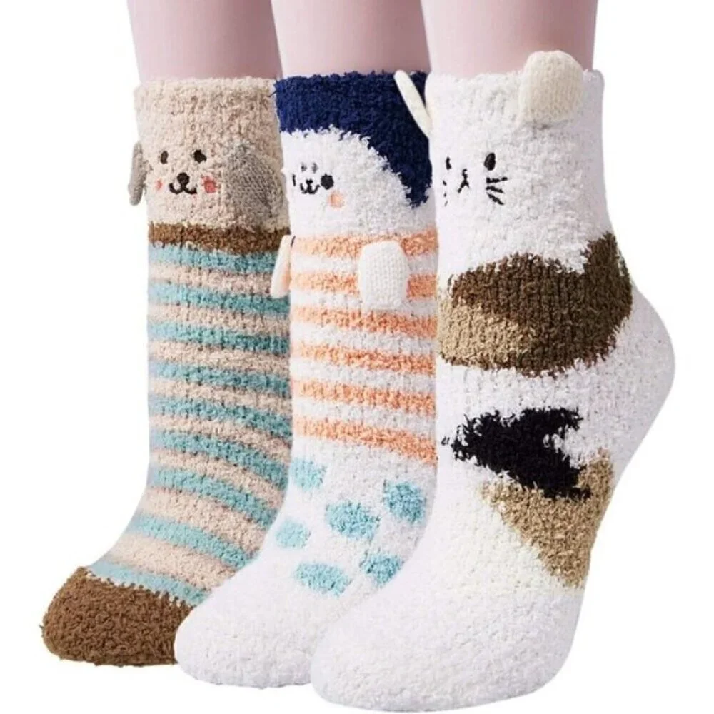 Loritta Women’s Fuzzy Socks 3-Pair Cozy Warm Cute Animal Slippers Size 6-10